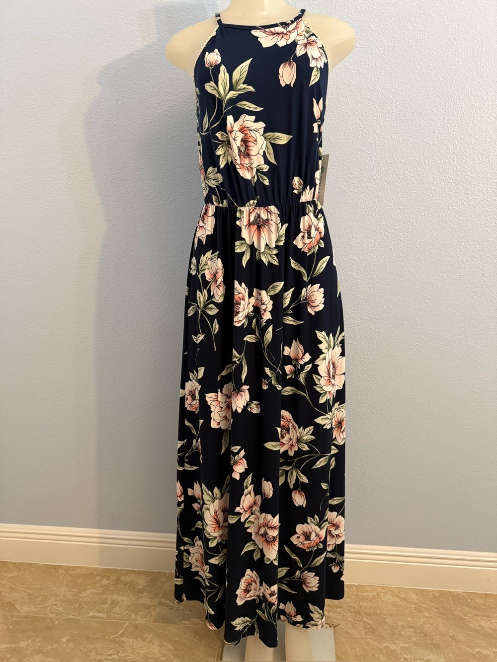 French Grey Size M Navy Floral Sleeveless Halter-Neck Knit Maxi Dress Lace Trim